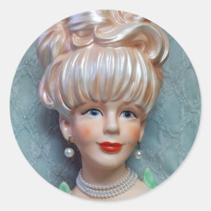 Vintage Dam Head Vas Big Bouffant Hair Pearls Runt Klistermärke