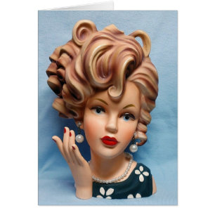Vintage Dam Head Vas Big Corkskruv Hair Hand Up Hälsningskort