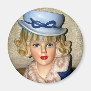 Vintage Dam Head Vas Blue Hat Päls Collar Magnet