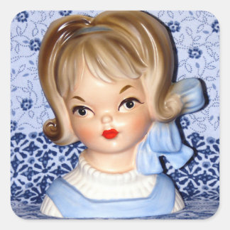 Vintage Dam Head Vas Little Girl Blue Bow Bow Fyrkantigt Klistermärke