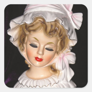 Vintage Dam Head Vas Rosa Ruffled Bonnet Fyrkantigt Klistermärke