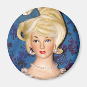Vintage Dam Head Vas Tonåring Big Hair Blue Bow Magnet