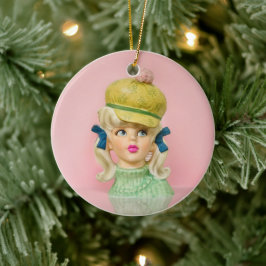 Vintage Dam Head Vas Tonåring Mod Hat Pigtails Julgransprydnad Keramik