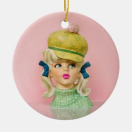 Vintage Dam Head Vas Tonåring Mod Hat Pigtails Julgransprydnad Keramik