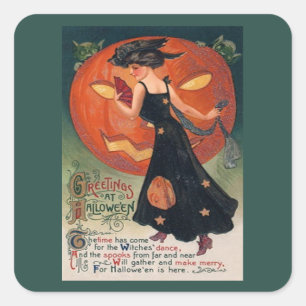 Vintage Dam i Black and Jack o'Lantern Fyrkantigt Klistermärke