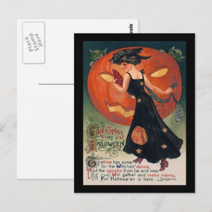 Vintage Dam i Black and Jack o'Lantern Vykort