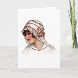Vintage Dam i Embroidery och Snöre Bonnet Kort
