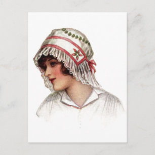 Vintage Dam i Embroidery och Snöre Bonnet Vykort