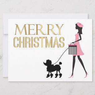 Vintage dam i rosa Black pudel God jul Julkort