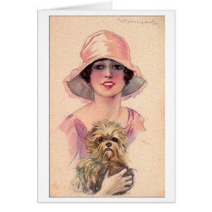 Vintage Dam i Rosa med Hund, Hälsningskort