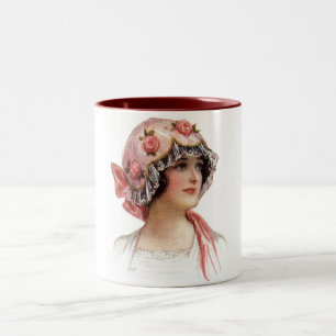 Vintage Dam i Silke Flowered Bonnet Två-Tonad Mugg