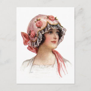 Vintage Dam i Silke Flowered Bonnet Vykort