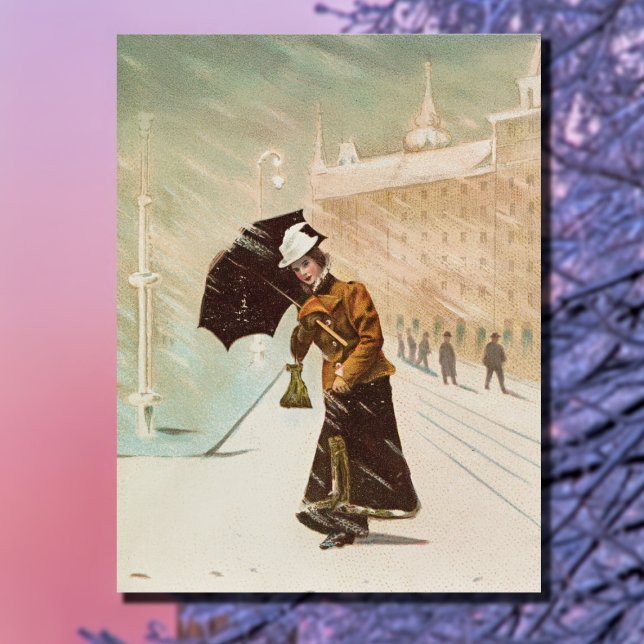 Vintage dam i stormen snö vykort (Skapare uppladdad)