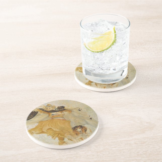 Vintage Dam med hennes Hund Underlägg Sandsten (Sidan)