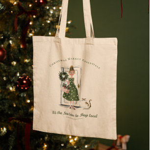 Vintage dam med katt julmarknad monogram tygkasse
