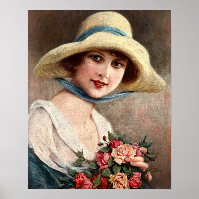 Vintage Dam med Ro Bouquet Poster (Framsidan)