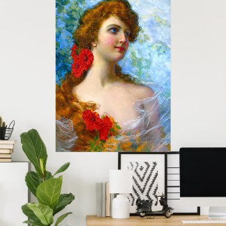 Vintage dam med röda och orange blommor poster