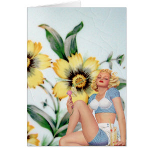 Vintage Dam och Gula blommor Hälsningskort