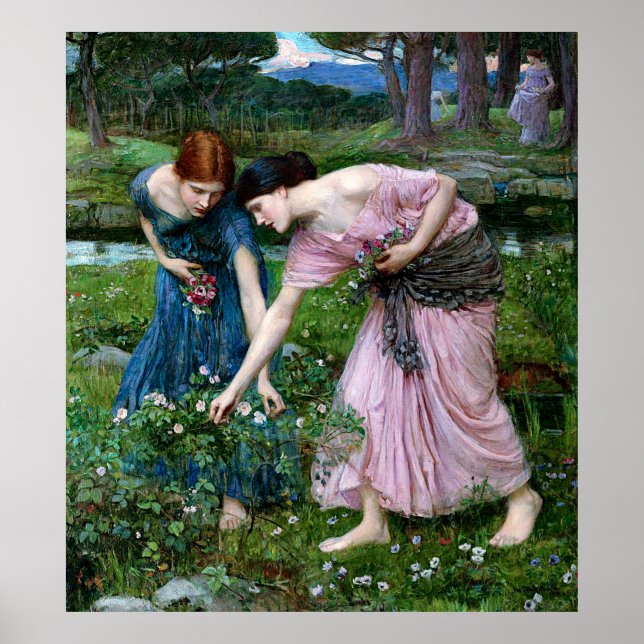 Vintage Dam Picking Rosa ros Flowers Poster (Framsidan)