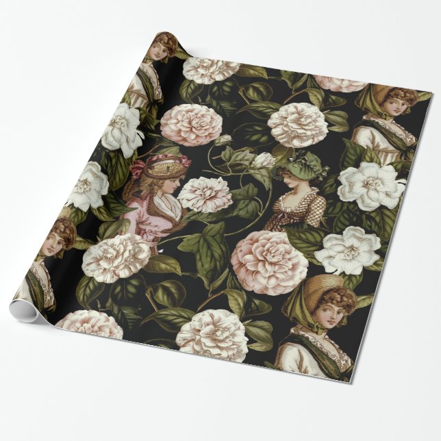 Vintage Dam Retro Botaniskt blomma Blommönster Presentpapper (Utrullad)