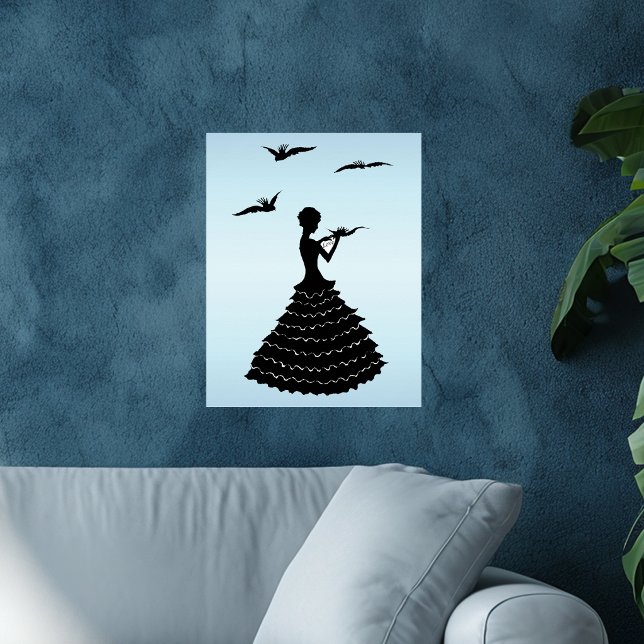 Vintage Dam Silhouette Kärlek Brev Doves Poster (Black silhouette long ruffled dress flying doves love letter on light blue art wall poster.)