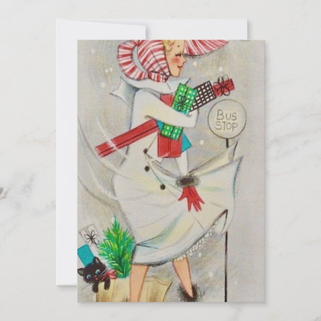 Vintage Dam som håller julklappar Julkort (Framsida)