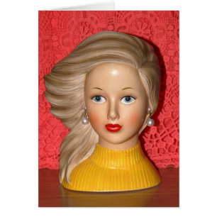 Vintage Dam Tonåring Windswept Hair Card Head Vas Hälsningskort