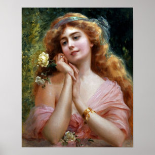Vintage Dam vid Rosa med Gul ros Poster