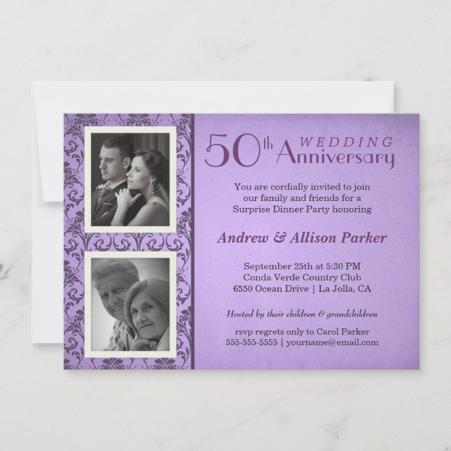 Vintage Damask årsdag Två bilder Inbjudan (Framsida)