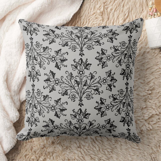 Vintage Damask Blommönster Black Light Grått Kudde (Filt)