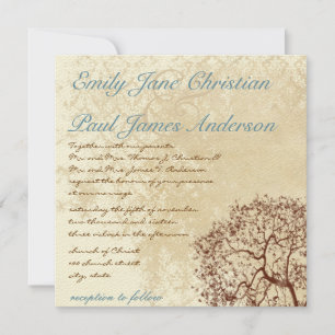 Vintage Damask Brown Träd Teal Font Wedding bjudan Inbjudningar