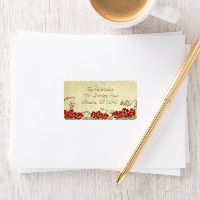 Vintage Damask Burgundy Blommar Gren Adressetikett (Insitu)