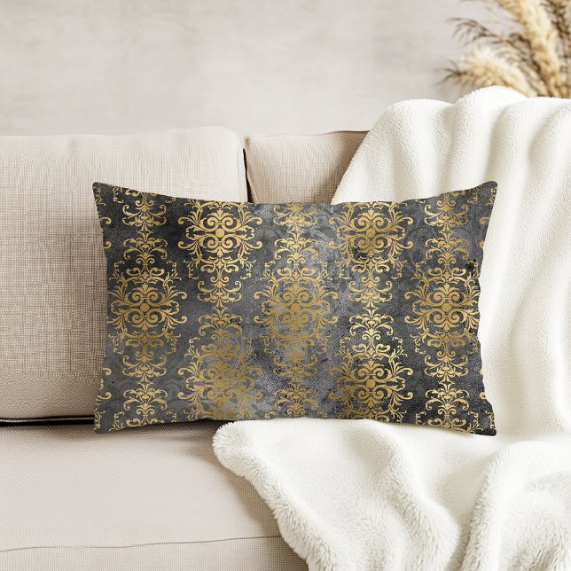 Vintage Damask Charcol och Guld Distress Prydnadskudde (Skapare uppladdad)