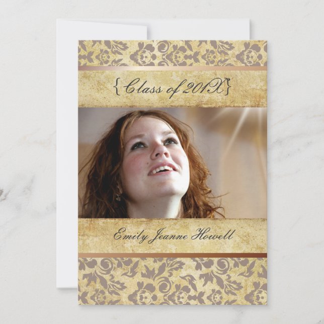 Vintage Damask-examensfirande inbjudningskort (Framsida)