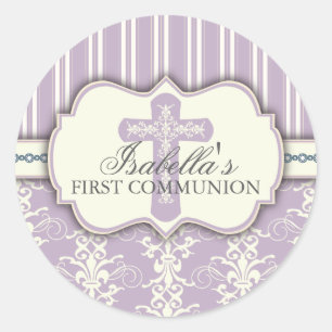 Vintage Damask First Communion Sticker LILA Runt Klistermärke
