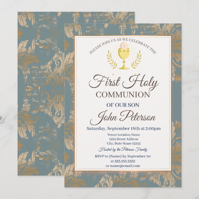 Vintage Damask, första Heligan, kommando Inbjudningar (Fram/baksida)