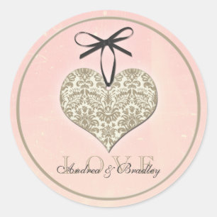 Vintage Damask Heart Rosa Guld Bröllop Runt Klistermärke