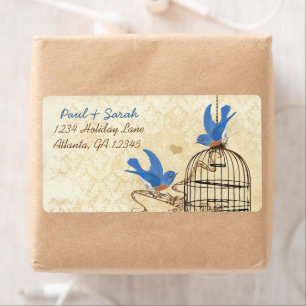 Vintage Damask Lucky Bluebirds Brown Bird Cage Fraktsedel
