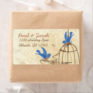 Vintage Damask Lucky Bluebirds Brown Bird Cage Fraktsedel