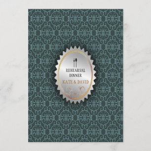 Vintage Damask Ornate Spoon Fork Rehearsal Middag Inbjudningar