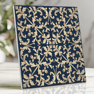 Vintage Damask Rullande Botanisk Marinblå Guld Kakelplatta