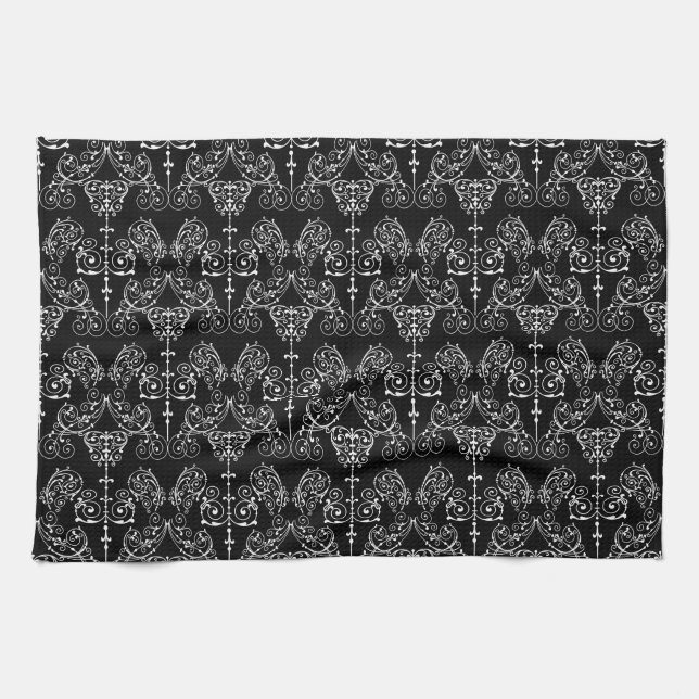 Vintage Damask Tapet - vit + rygg. Kökshandduk (Horisontell)