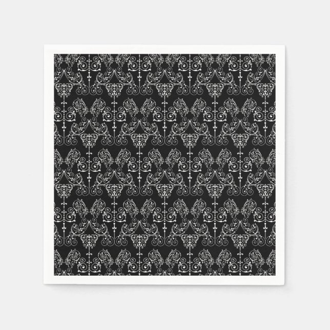 Vintage Damask Tapet - vit + rygg. Pappersservett (Framsidan)