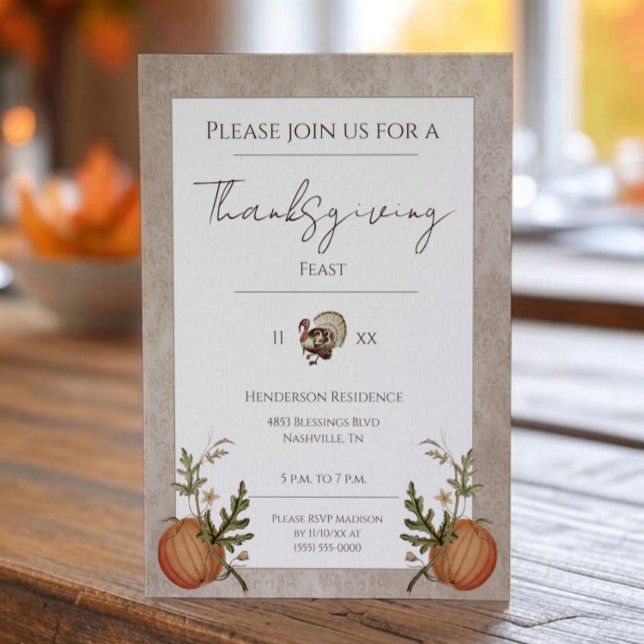 Vintage Damask-Thanksgiving | Beige Inbjudningar (Beige Vintage Damask Thanksgiving Dinner Invitation)