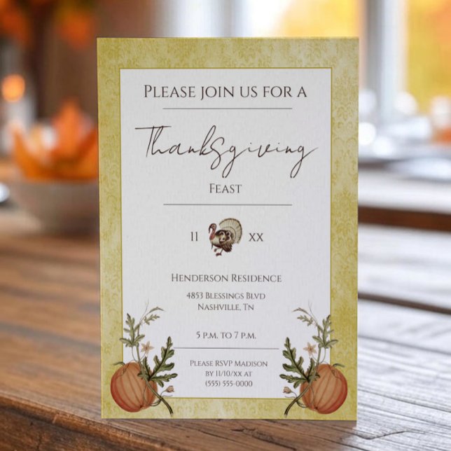 Vintage Damask-Thanksgiving | GULT Inbjudningar (Yellow Vintage Damask Thanksgiving Dinner Invitation)