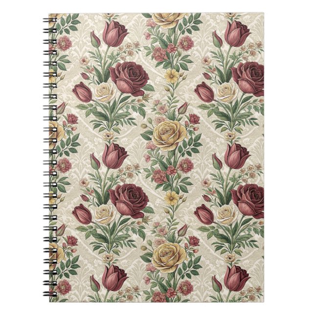 Vintage Damaskros & Tulpan Blommönsterkonst Anteckningsbok (Framsidan)