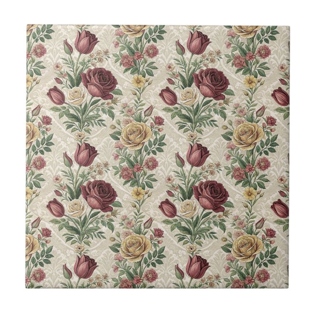 Vintage Damaskros & Tulpan Blommönsterkonst Kakelplatta (Framsidan)