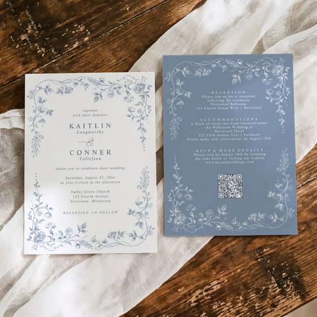 Vintage Damblå Fransk Blommig Bröllopskjol Inbjudningar (dusty blue floral vintage French wedding invitation with  vintage chinoiserie frame)