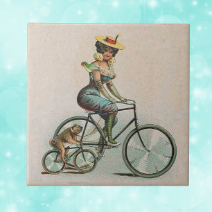 Vintage damcykel för viktoriansk dam och hund kakelplatta