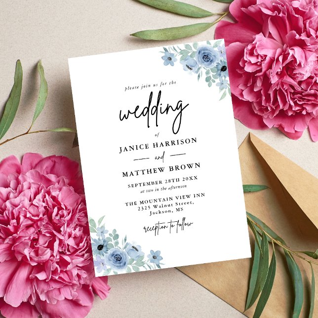 Vintage dammblå blomsterbröllop inbjudningar (Vintage dusty blue floral wedding invitation sets a romantic tone for your special day)